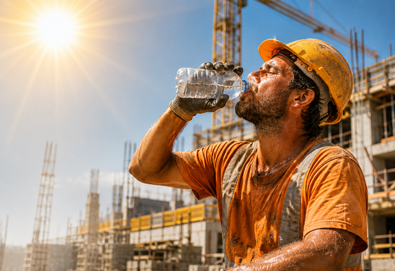 Ouvrier de la construction travaillant sous une forte chaleur pendant la canicule dans le canton de Vaud