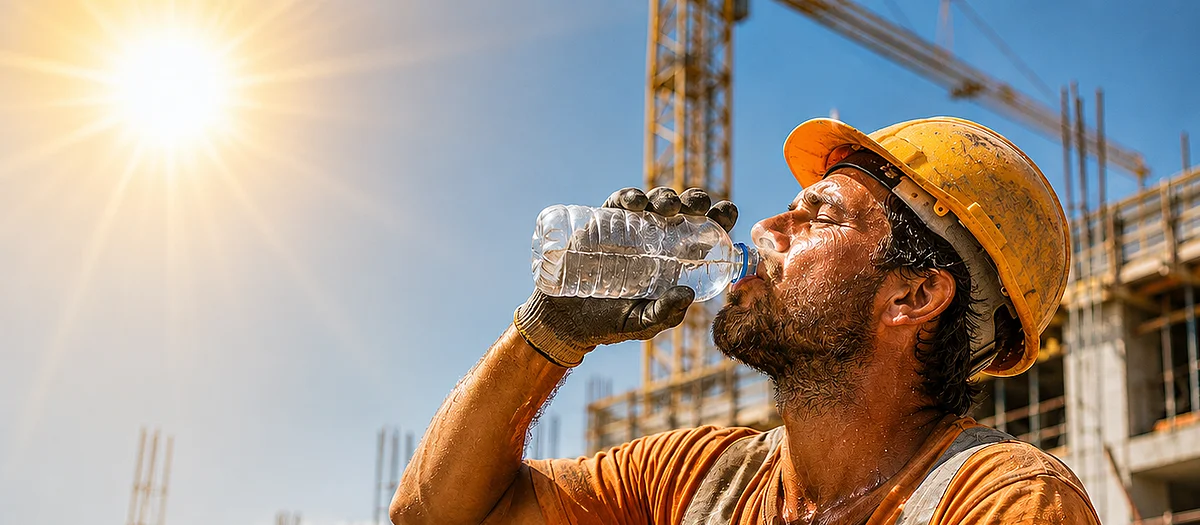Ouvrier de la construction travaillant sous une forte chaleur pendant la canicule dans le canton de Vaud